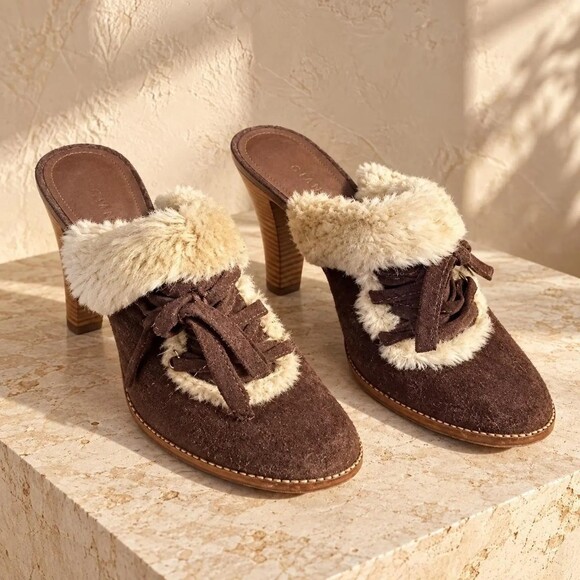 Other Shoes - Gianni Bini brown suede furry mule heels with tassel detail